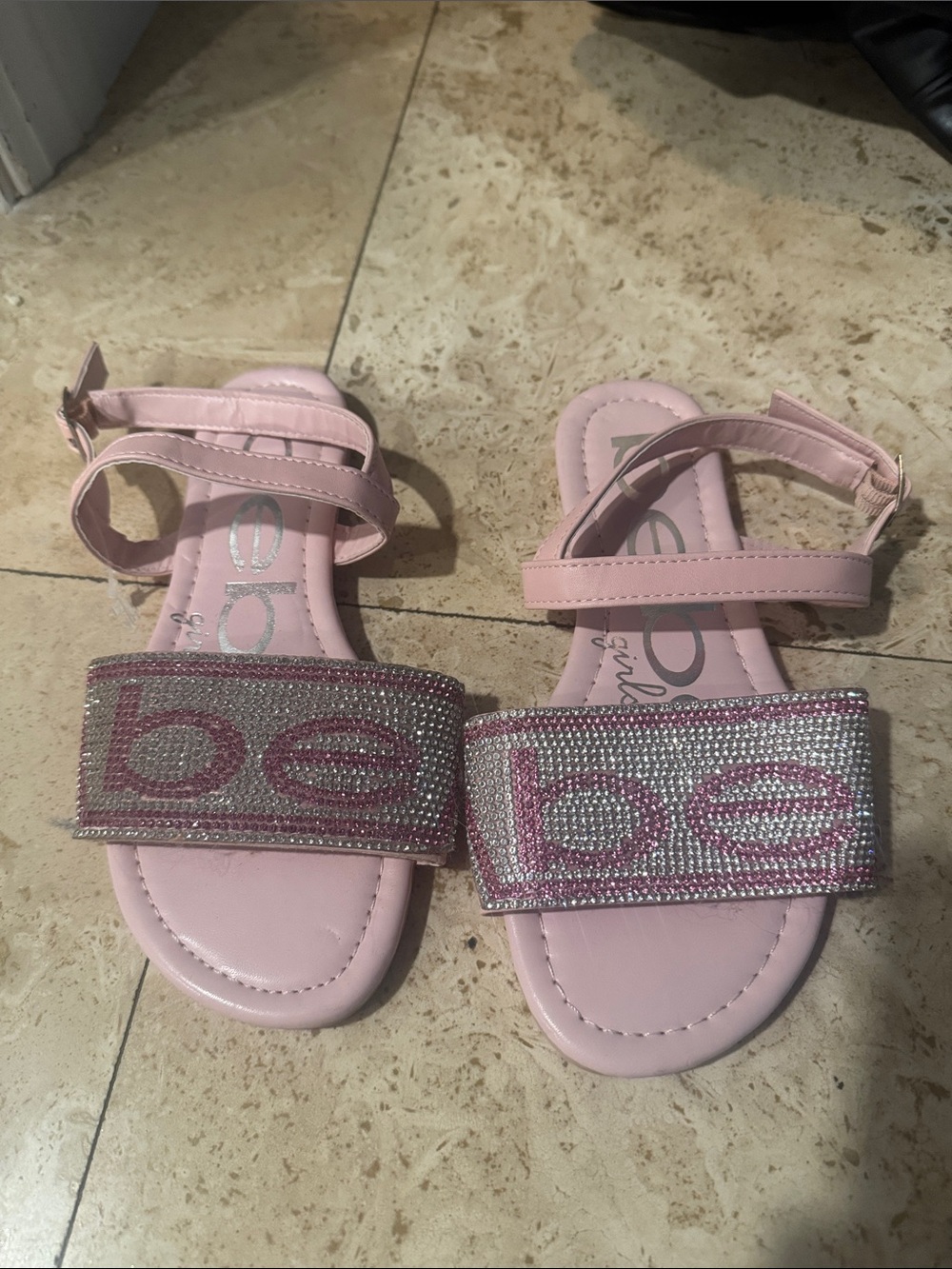 bebe Pink Jeweled Logo Strap Sandals